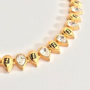 FENDI Rare Vintage FF Logo Gold & Crystal Necklace